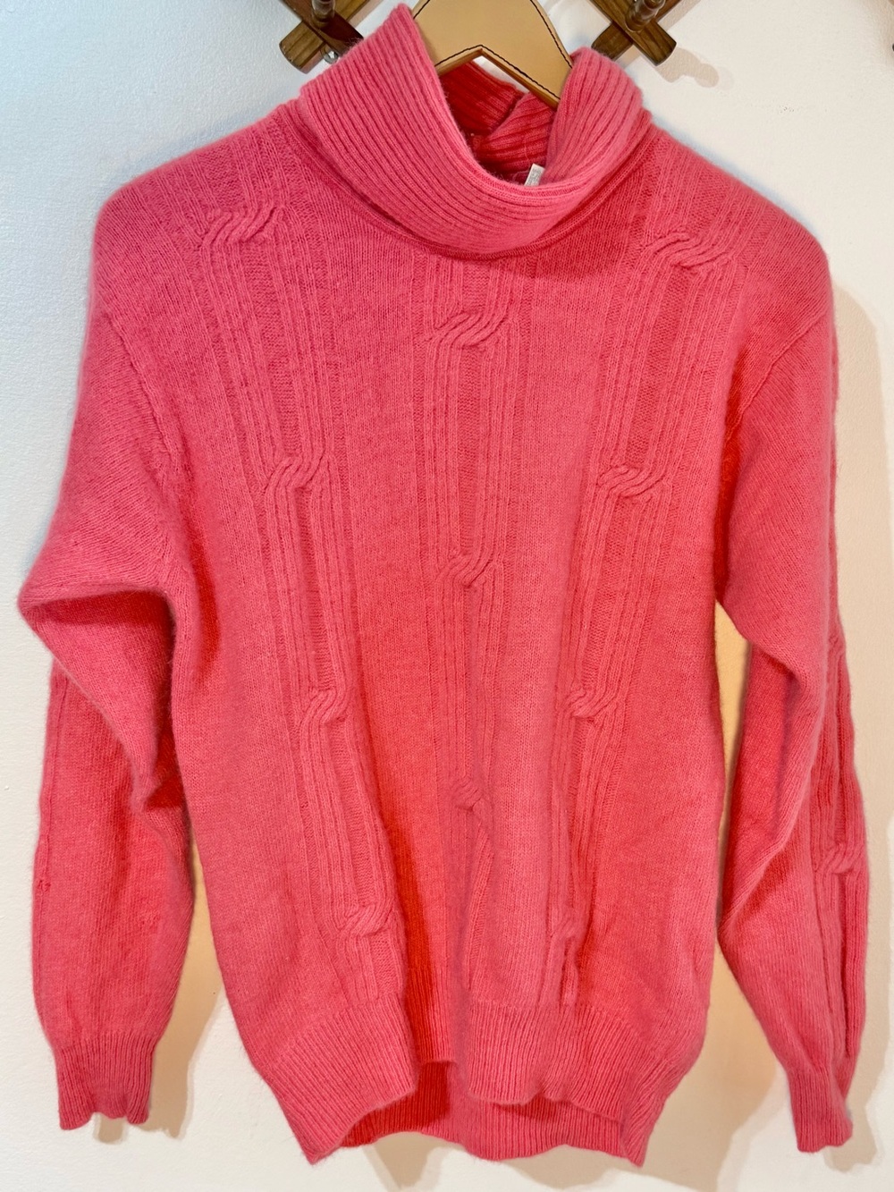 Vintage Cymbrion Pink Cable Knit Turtleneck Sweater In lambswool & angora size M